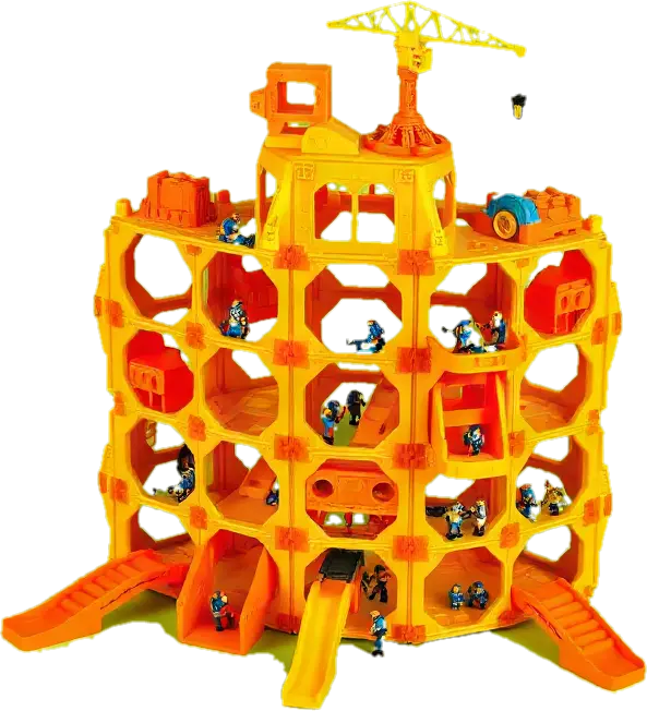 The Hive Playset: a yellow plastic beehive fortress of hexagon rooms with tiny figures working in each one