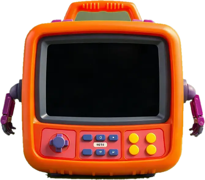 The mai Action Terminal toy: an orange plastic computer with little poseable robot arms