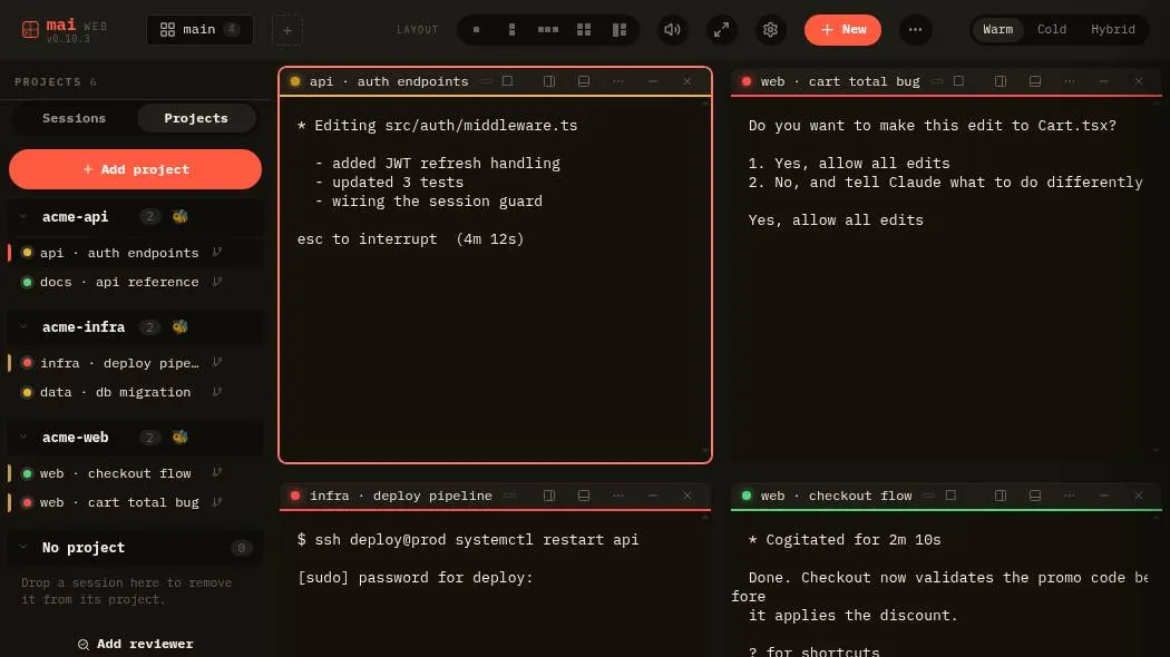 A real mai workspace: several AI agent sessions running side by side in panes